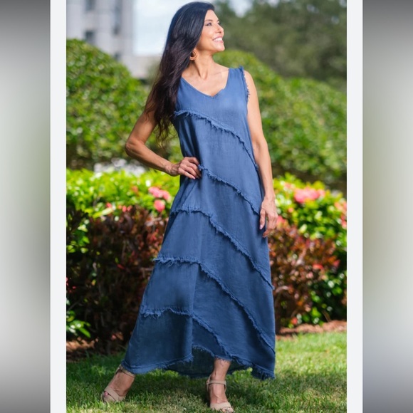 Pure Linen Italian blue Diagonal Raw Edge Linen Dress - Picture 1 of 9